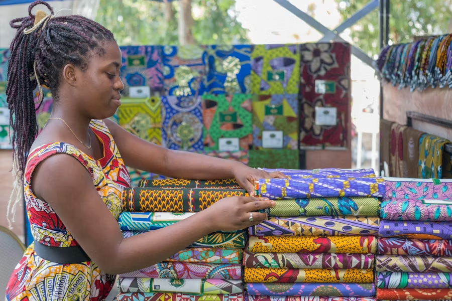 A selection of Ankara prints showing the variety of colours, patterns and designs available — African wax print fabric